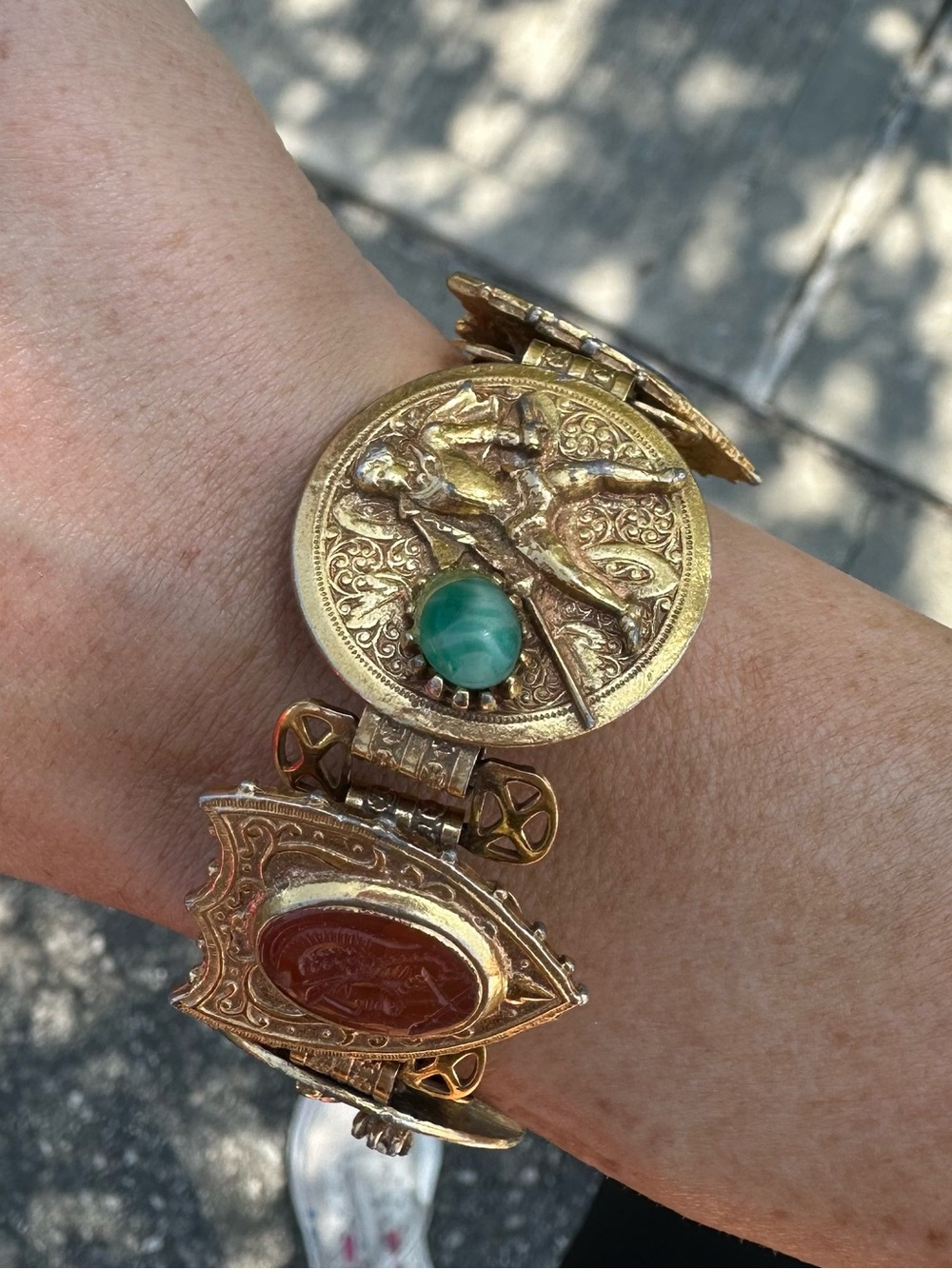 Rare Vintage Etruscan Revival Roman Soldier Intaglio Statement Bracelet Gold